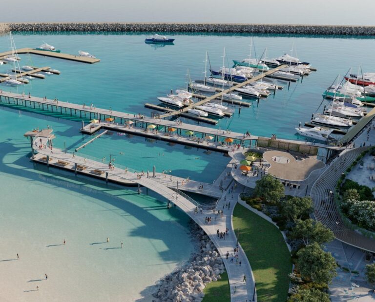 marina with boats and people